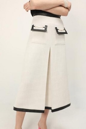 storets Ashley Contrast Trim Tweed Skirt ~ ladylike A-line front pleat pocket detail skirts