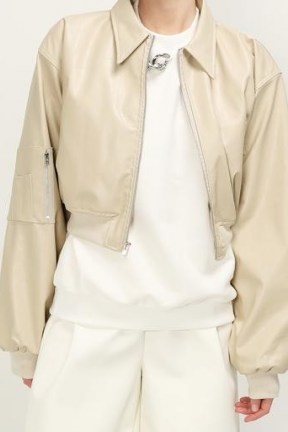 STORETS Holly Pleather Bomber ~ beige faux leather zipper jackets ~ zip detail outerwear - flipped
