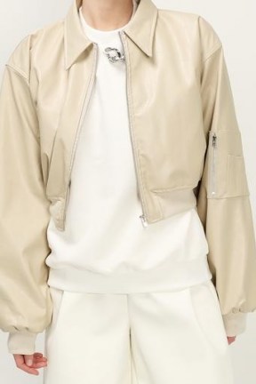 STORETS Holly Pleather Bomber ~ beige faux leather zipper jackets ~ zip detail outerwear