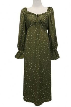 storets Blakely Floral Maxi Dress / olive green empire waist dresses / gathered neck / flared cuffs - flipped