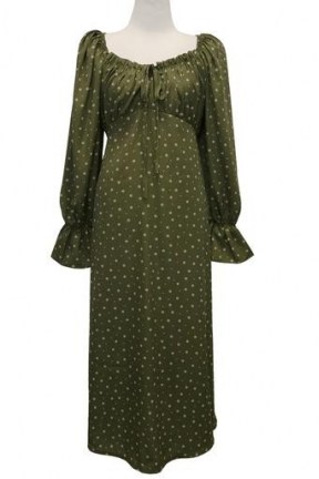 storets Blakely Floral Maxi Dress / olive green empire waist dresses / gathered neck / flared cuffs
