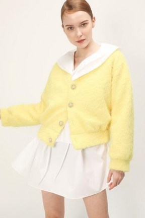 storets Ariella Fuzzy Button Cardigan | fluffy yellow cardigans with statement buttons - flipped