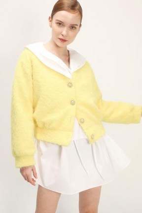 storets Ariella Fuzzy Button Cardigan | fluffy yellow cardigans with statement buttons