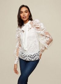 Dorothy Perkins Ivory Floral Organza Lace Top | semi sheer balloon sleeve blouse | puff sleeves