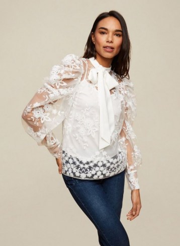 Dorothy Perkins Ivory Floral Organza Lace Top | semi sheer balloon sleeve blouse | puff sleeves - flipped