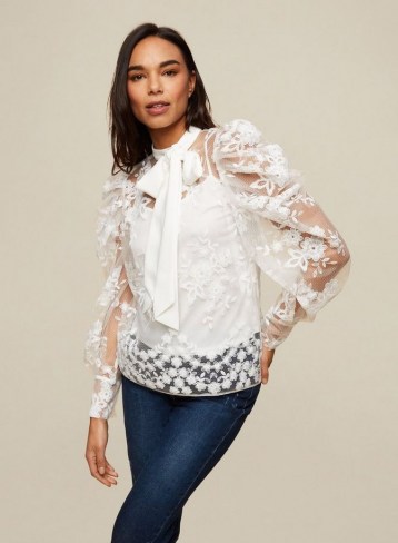 Dorothy Perkins Ivory Floral Organza Lace Top | semi sheer balloon sleeve blouse | puff sleeves
