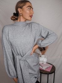 Style Cheat JOJO GREY KNITTED TIE FRONT LONG SLEEVE DRESS | chic knitwear | high neck sweater dresses
