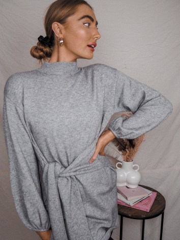 Style Cheat JOJO GREY KNITTED TIE FRONT LONG SLEEVE DRESS | chic knitwear | high neck sweater dresses