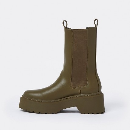 RIVER ISLAND Khaki faux leather patent chunky boots ~ green thick sole pull tab boot - flipped