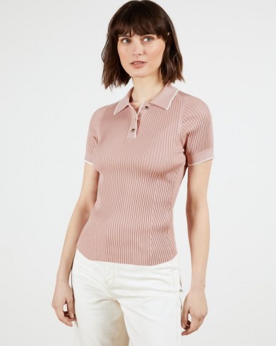 TED BAKER JAYYDAH Knitted Polo Top in Dusky Pink ~ classic rib knit tops with open collar