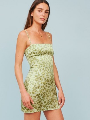 REFORMATION Kosta Dress ~ green floral skinny strap mini dresses - flipped