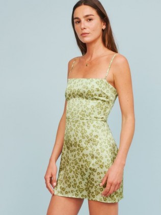 REFORMATION Kosta Dress ~ green floral skinny strap mini dresses