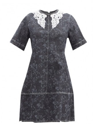 CHLOÉ Lace-collar floral-print denim mini dress ~ short sleeve A-line dresses - flipped
