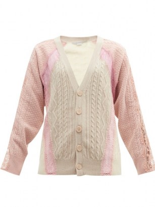 STELLA MCCARTNEY Lace-panel cable-knit wool cardigan | pink and cream cardigans - flipped