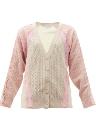 STELLA MCCARTNEY Lace-panel cable-knit wool cardigan | pink and cream cardigans