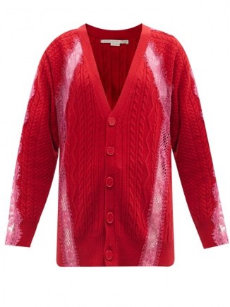 STELLA MCCARTNEY Lace-trimmed cable-knit wool cardigan | red cardigans | designer knitwear | luxe knits - flipped