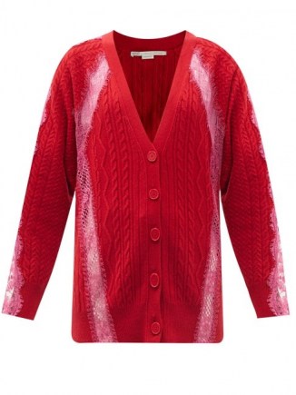STELLA MCCARTNEY Lace-trimmed cable-knit wool cardigan | red cardigans | designer knitwear | luxe knits