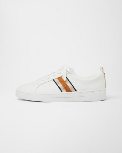 TED BAKER BAILY Leather metallic detail webbing trainers / white low top sneakers - flipped