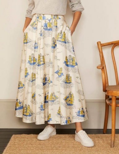 BODEN Livia Full Skirt in Ivory Nautical Voyage / ship print flared maxi skirts - flipped