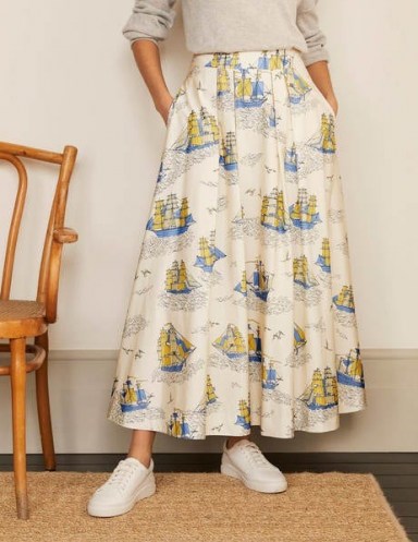 BODEN Livia Full Skirt in Ivory Nautical Voyage / ship print flared maxi skirts