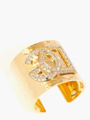 DOLCE & GABBANA Logo crystal-embellished hammered cuff – luxe designer statement cuffs – wide gold-tone bracelets - flipped