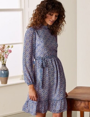 BODEN Lottie Belted Dress / blue printed ruffle hem dresses - flipped