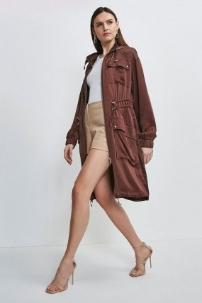 Karen Millen Luxe Crepe Satin Trench Coat in Chocolate | stylish brown coats - flipped