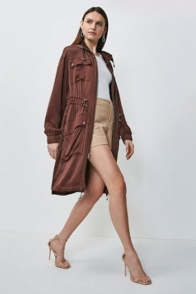 Karen Millen Luxe Crepe Satin Trench Coat in Chocolate | stylish brown coats