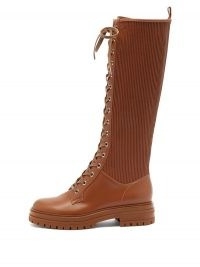 GIANVITO ROSSI Martis lace-up leather knee-high boots ~ tan-brown ribbed detail boot
