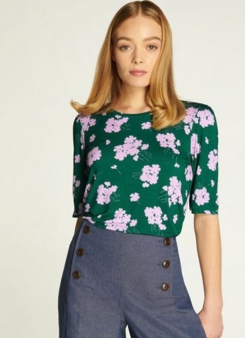L.K. BENNETT MERLE SWEET WILLIAM PRINT JERSEY TOP / green floral lightweight fabric tops