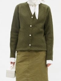 ERDEM Myra crystal-button merino-wool blend cardigan in green ~ V-neck cardigans