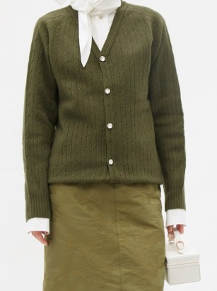 ERDEM Myra crystal-button merino-wool blend cardigan in green ~ V-neck cardigans - flipped