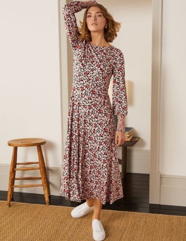 BODEN Naomi Smocked Jersey Dress / long sleeve floral dresses / midi length - flipped