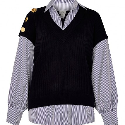 River Island Navy gold button stripe shirt jumper | shirts and jumpers combined - flipped