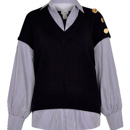 River Island Navy gold button stripe shirt jumper | shirts and jumpers combined