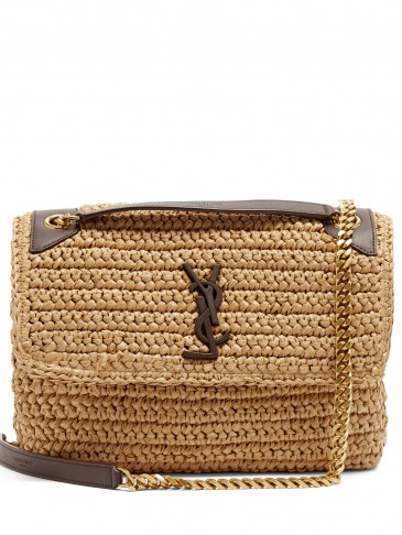 SAINT LAURENT Niki medium YSL-plaque raffia shoulder bag ~ brown leather trim flap bags ~ gold chain handbag - flipped