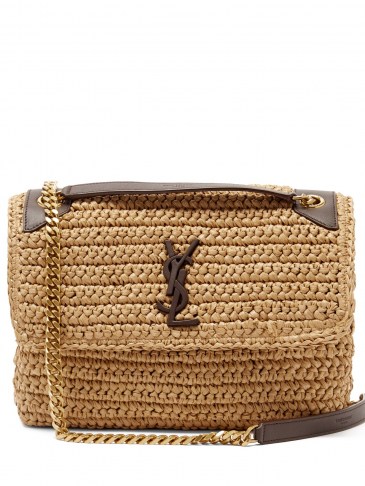 SAINT LAURENT Niki medium YSL-plaque raffia shoulder bag ~ brown leather trim flap bags ~ gold chain handbag