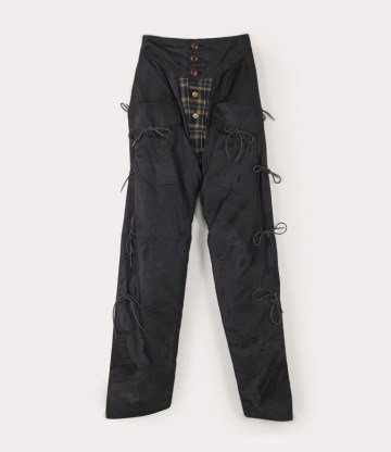 Vivienne Westwood OPTIMUM CHAPS BLACK/NAVY | black silk floral jacquard trousers | shoe string fastened pants | edgy clothing