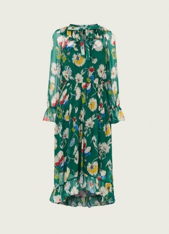L.K. BENNETT PASCALE GREEN ANEMONE PRINT FRILL COLLAR DRESS / floaty floral dresses / feminine fashion