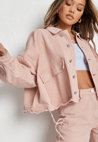 Missguided peach co ord drop shoulder oversized denim shirt | featuring drop shoulders, two large front flap pockets and a drawstring tie at the hem - flipped