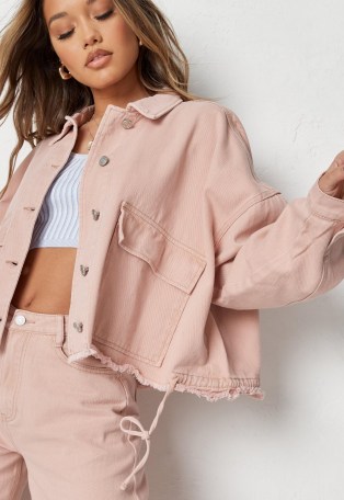 Missguided peach co ord drop shoulder oversized denim shirt | featuring drop shoulders, two large front flap pockets and a drawstring tie at the hem