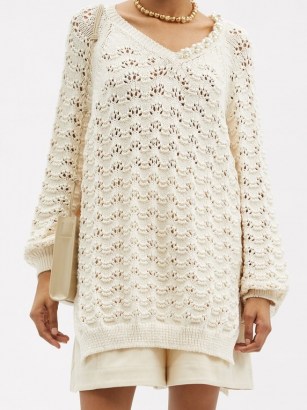 SIMONE ROCHA Pearl-embellished organic-cotton lace sweater – luxe cream sweaters – feminine knitwear