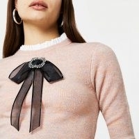RIVER ISLAND Pink bow detail jumper – rufflr neck jumpers – frill detailed sweater