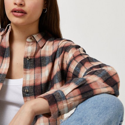 RIVER ISLAND Pink check print washed long sleeve shirt ~ women’s casual checked shirts - flipped