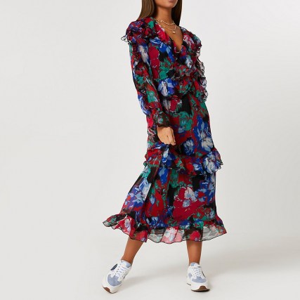 River Island Pink floral frilled midi dress ~ floaty dresses with frills and ruffles - flipped