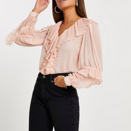 RIVER ISLAND Pink ruffle v neck long sleeve blouse top ~ ruffled tops - flipped