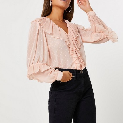 RIVER ISLAND Pink ruffle v neck long sleeve blouse top ~ ruffled tops