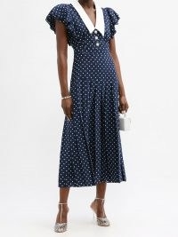 ALESSANDRA RICH Pleated polka-dot silk midi dress / navy blue spot covered tea dresses / vintage style fashion