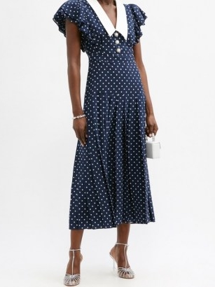 ALESSANDRA RICH Pleated polka-dot silk midi dress / navy blue spot covered tea dresses / vintage style fashion