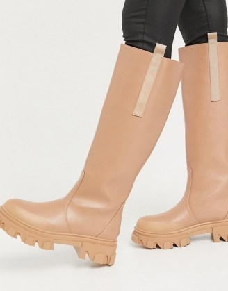 Public Desire Genius knee high chunky boots in tan - flipped